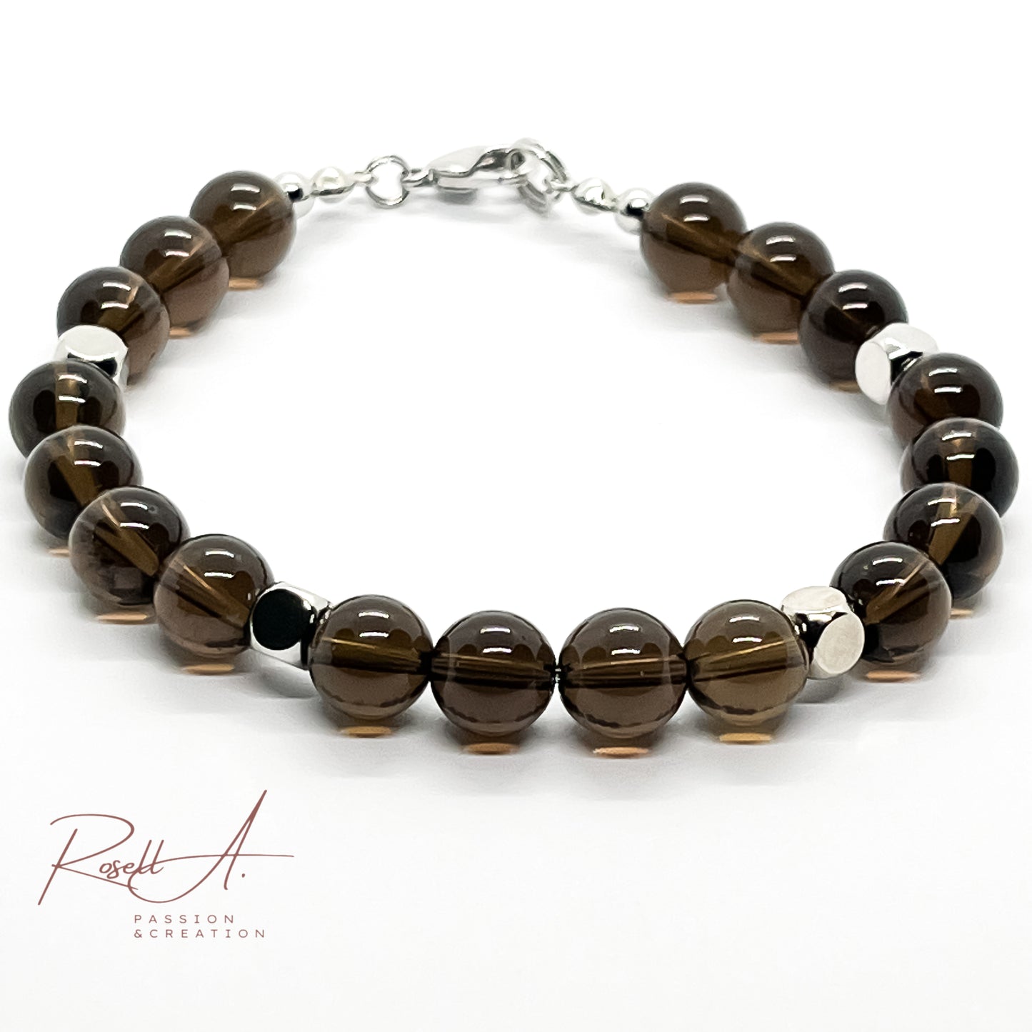 Rhodiniertes Armband mit massiven 8 mm Durchmesser Natursteinperlen aus Rauchquarz von höchster Qualität. Elegantes Armband für Männer.